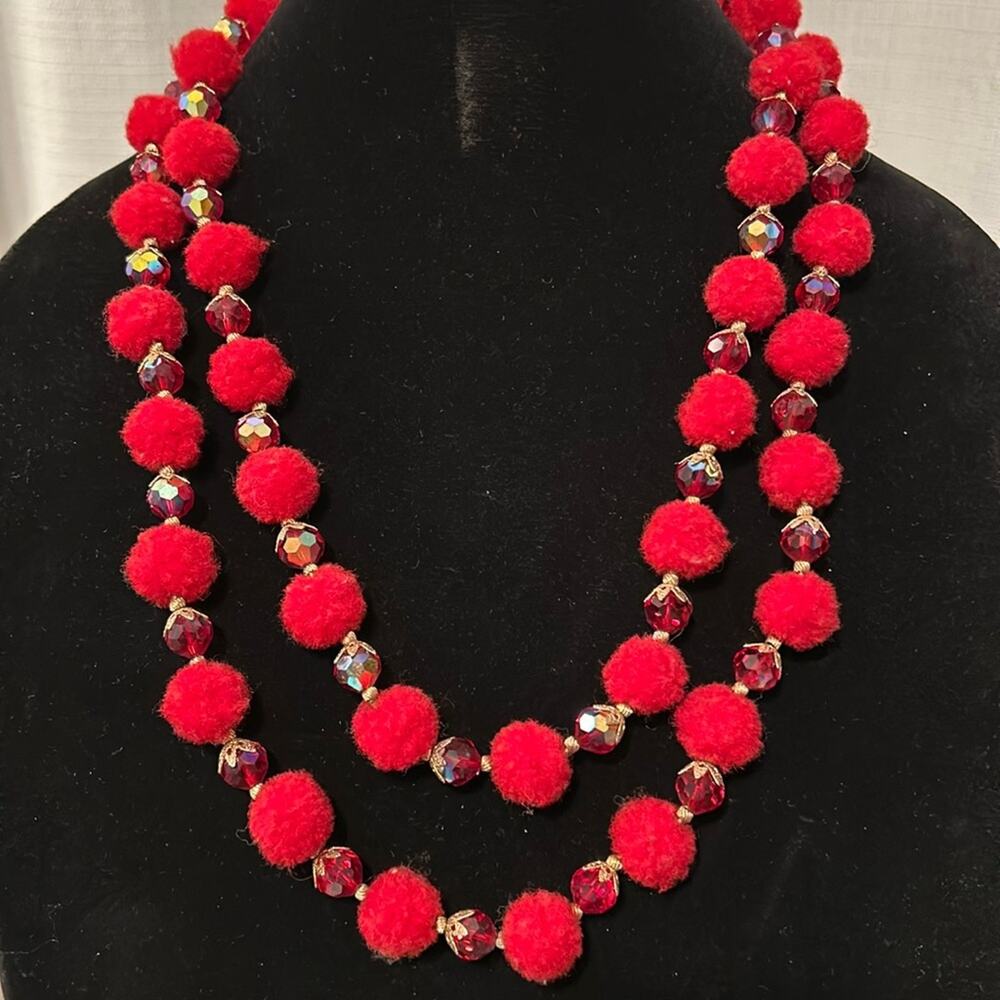 Rare! Vintage Vendome Necklace Double strand Red glass and fuzzy beads #C98